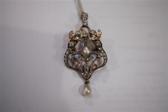 A Victorian style gold, diamond and baroque pearl drop pendant/brooch pendant 2.25in.